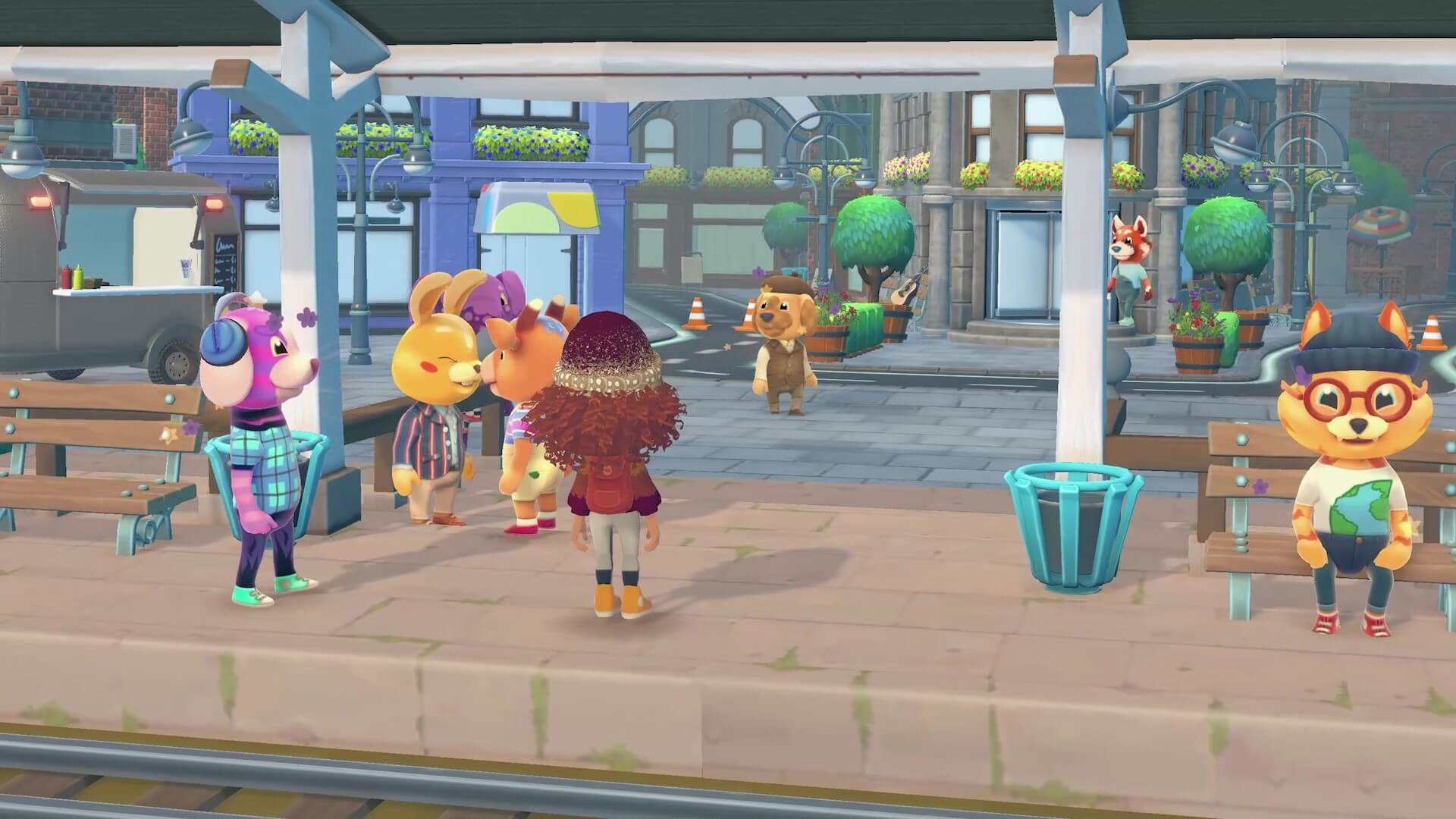 The player standing in a train station full of villagers in Hokko Life