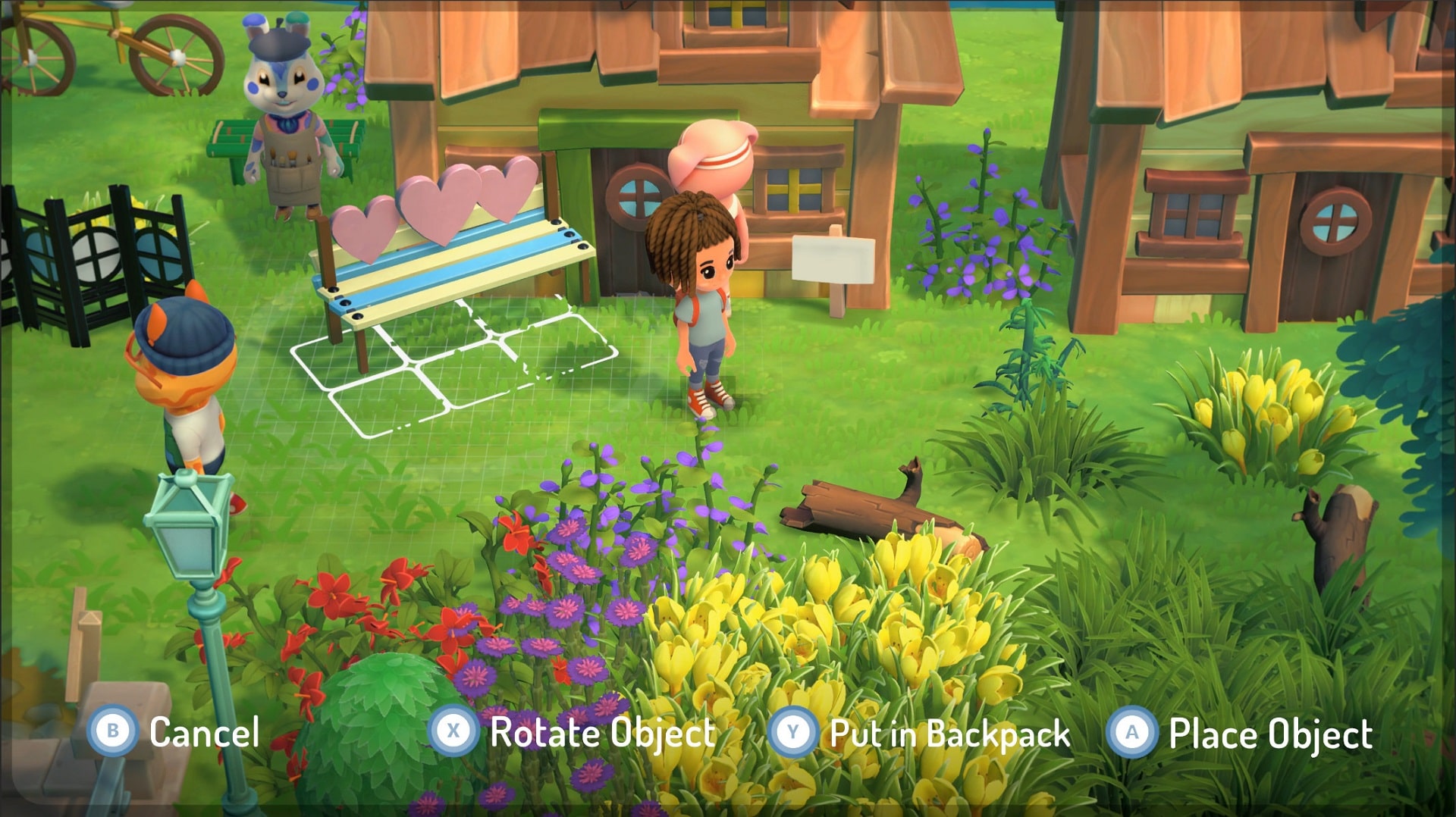 The player choosing where to place a bench in Hokko Life