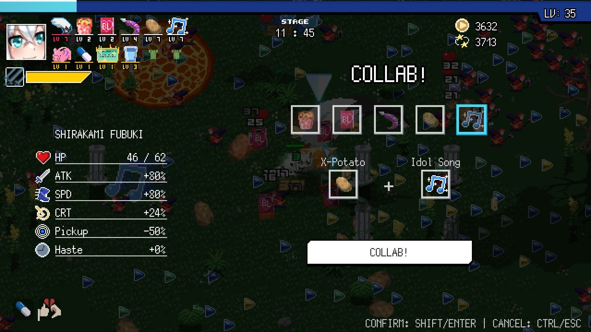 HoloCure screenshot showing the X-Potato and Idol Song weapons being combined in the Collab menu.
