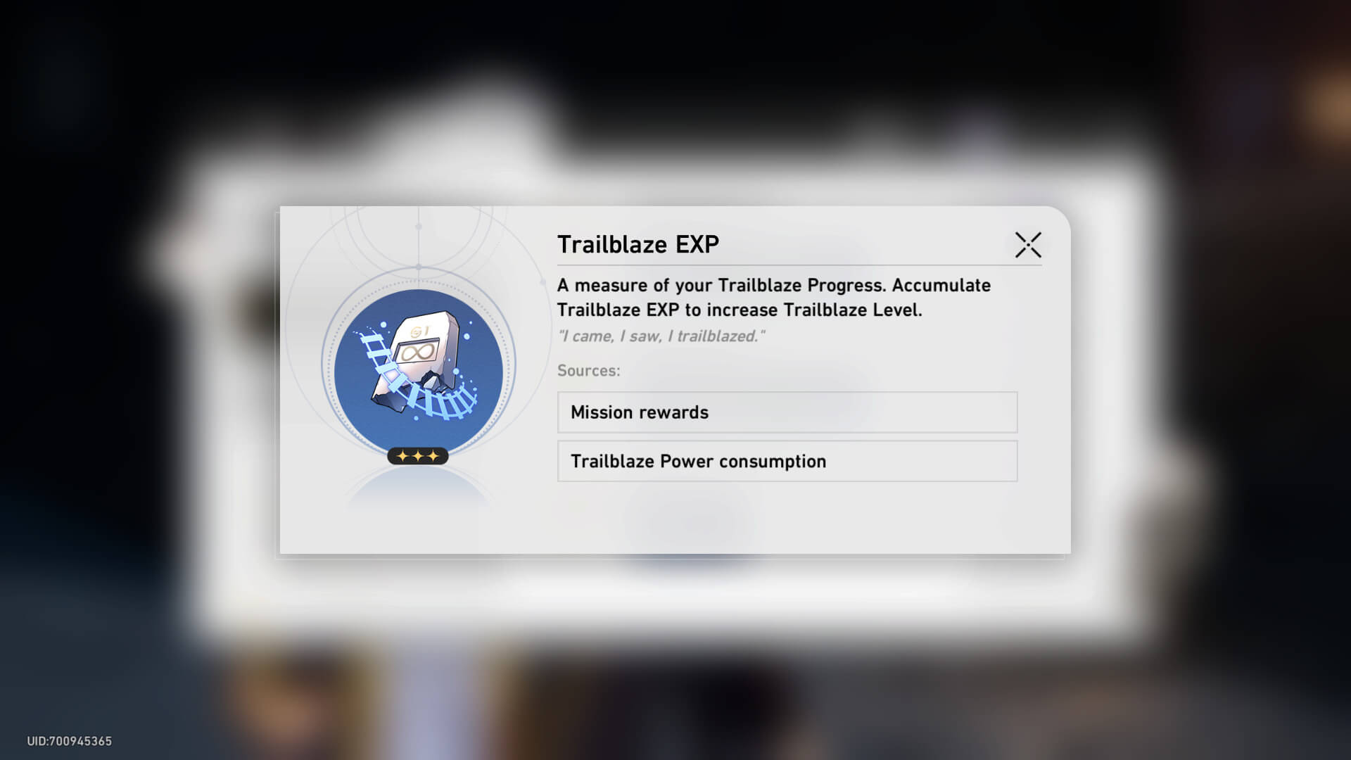 The Trailblaze EXP in-game description in Honkai: Star Rail, detailing how Trailblaze EXP can increase your Trailblaze Level.