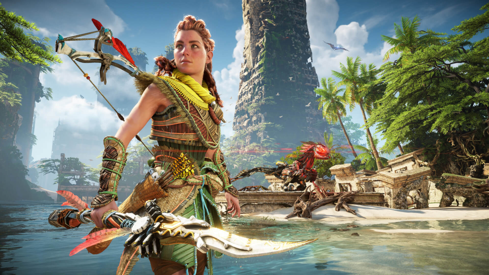 Aloy standing in water in Horizon Forbidden West while a robot creature's eyes glow red in the background