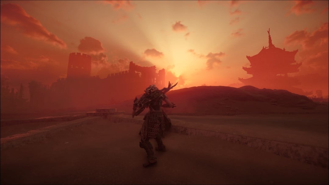 Aloy running through a desert at sunset