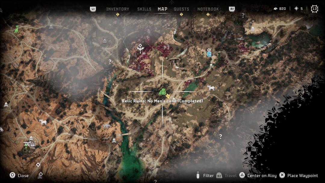 The location of No Man's Land's Relic Ruin on the map screen