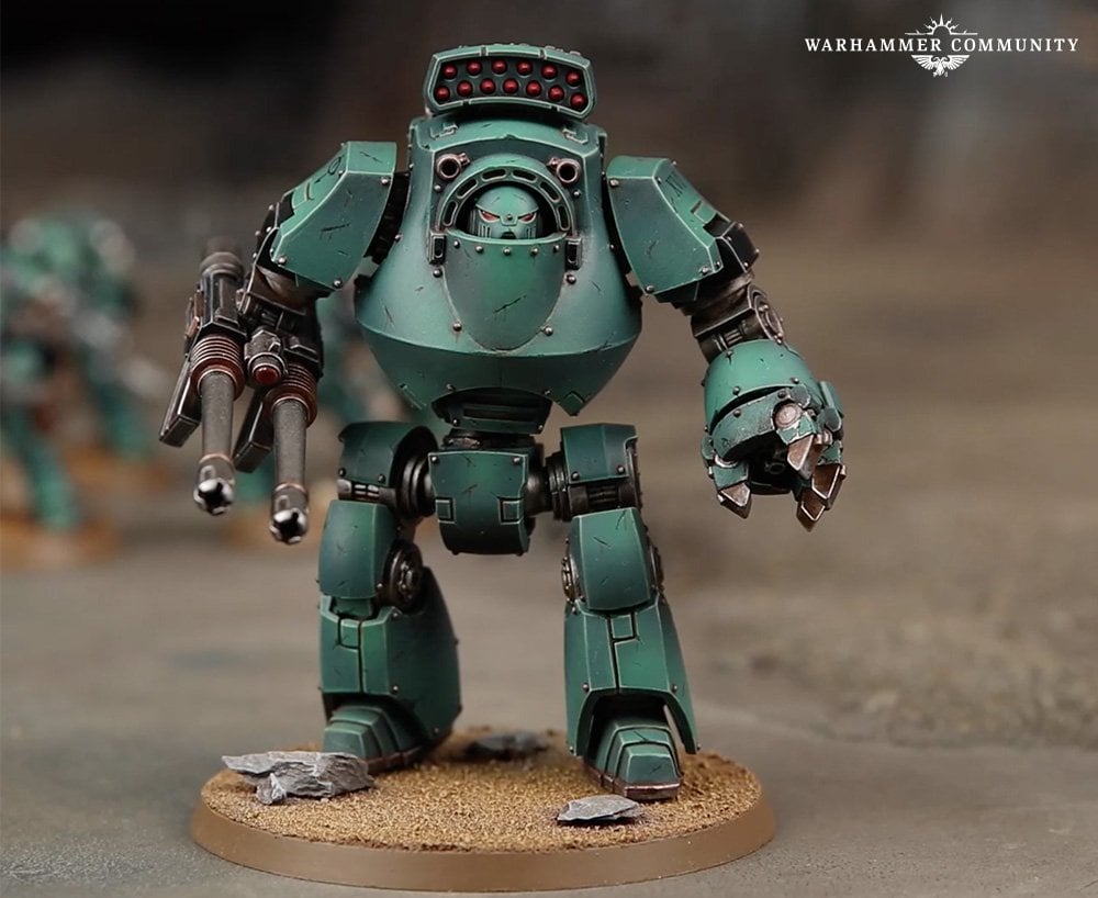To break up the gray, here we see a beautifully painted Contemptor Dreadnought readying its weapon systems in Warhammer The Horus Heresy Age of Darkness. Image: Games Workshop