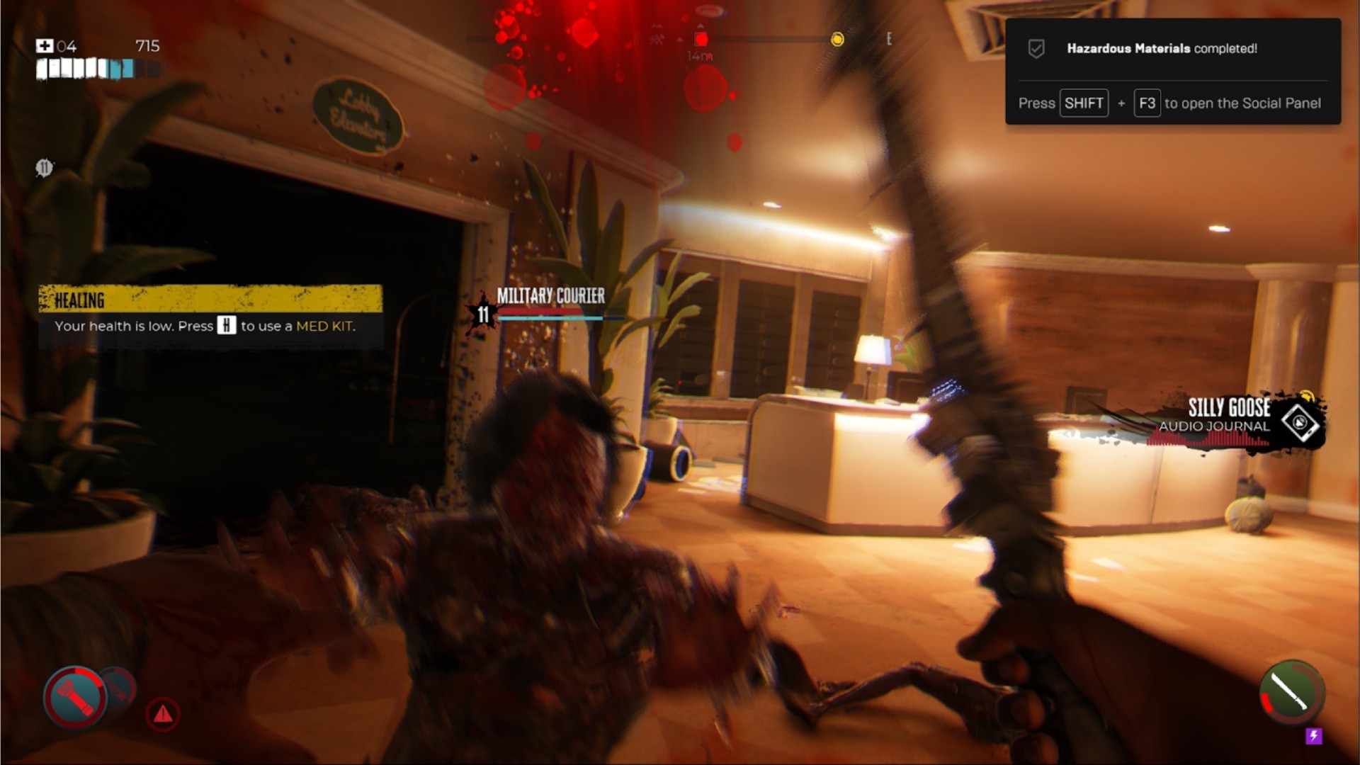 Dead Island 2 screenshot showing a named zombei called the Military COurier attacking the player in a hotel lobby. 