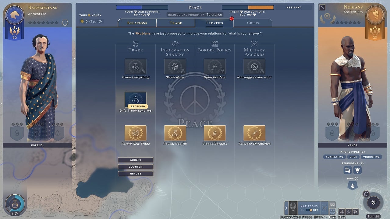 The diplomacy screen of Humankind where users can pick and choose different tactics