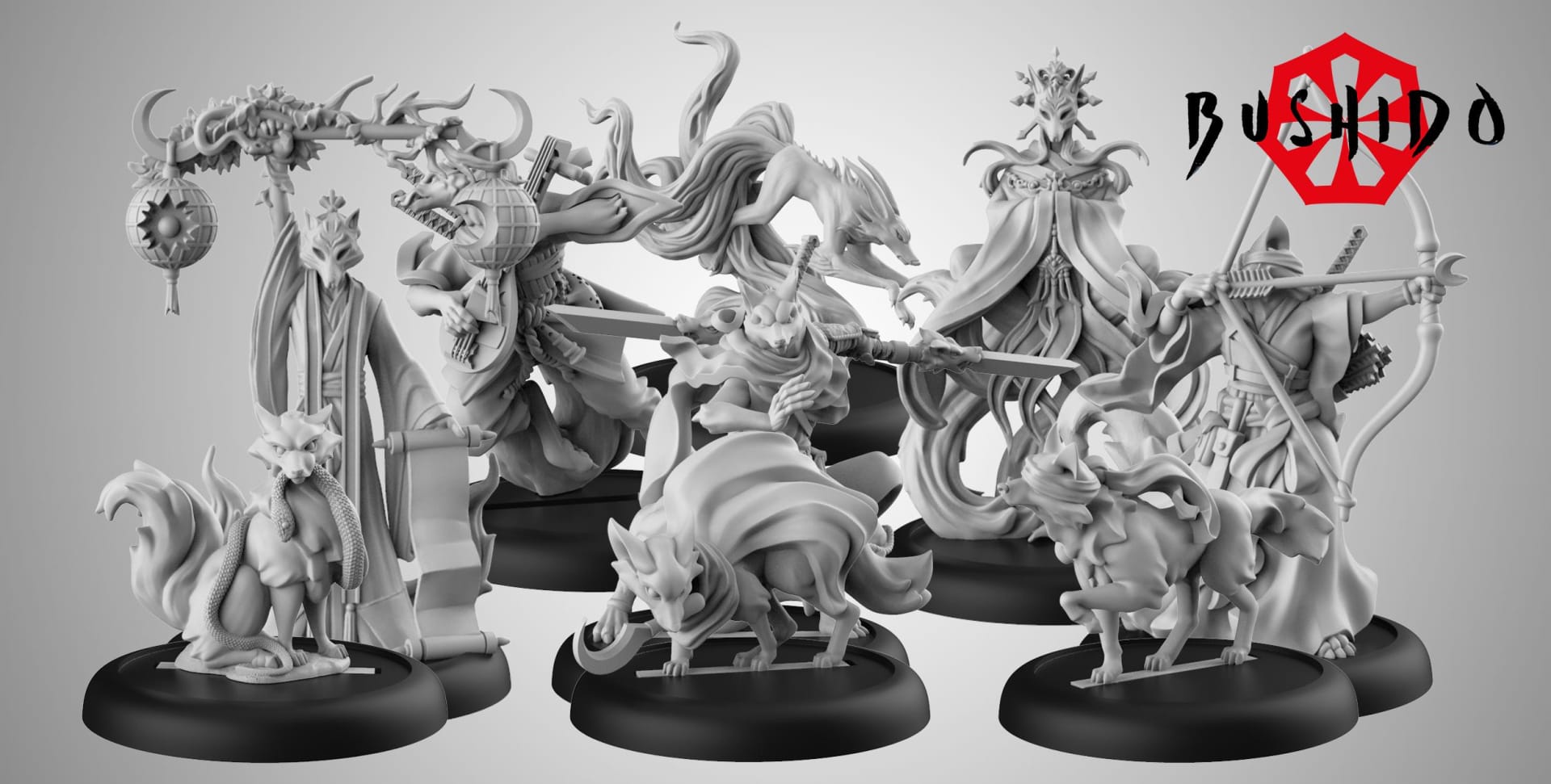The nine miniatures from the Inari's Judgement starter set.