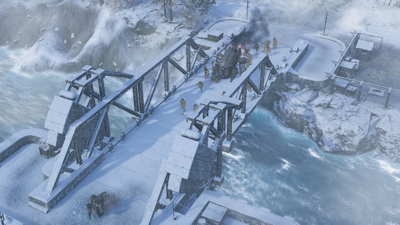 A winter landscape where mechs and soldiers cross an icy bridge in Iron Harvest: Operation Eagle