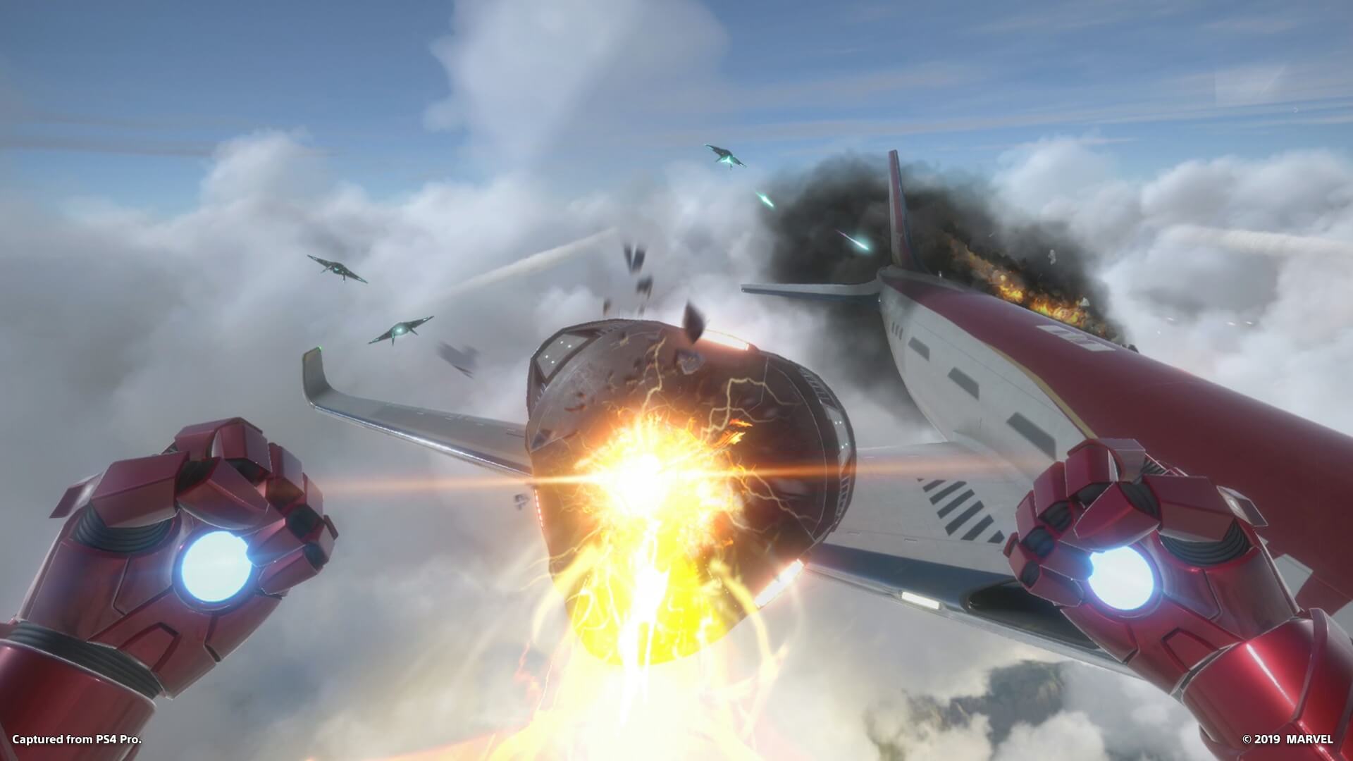 Iron Man bringing down a flying craft in the Iron Man game Iron Man VR
