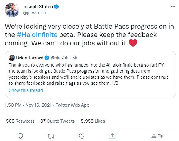 Halo Infinite Progression Joe Staten Tweet