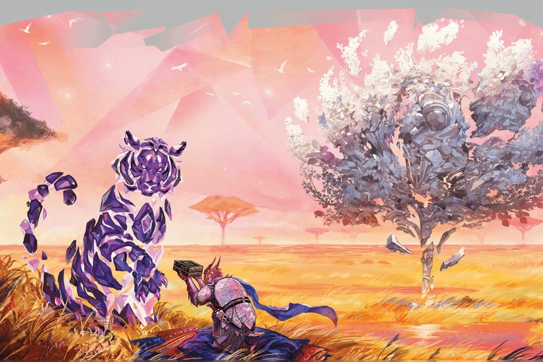 An adventurer kneeling in supplication to a tiger made entirely out of amethyst