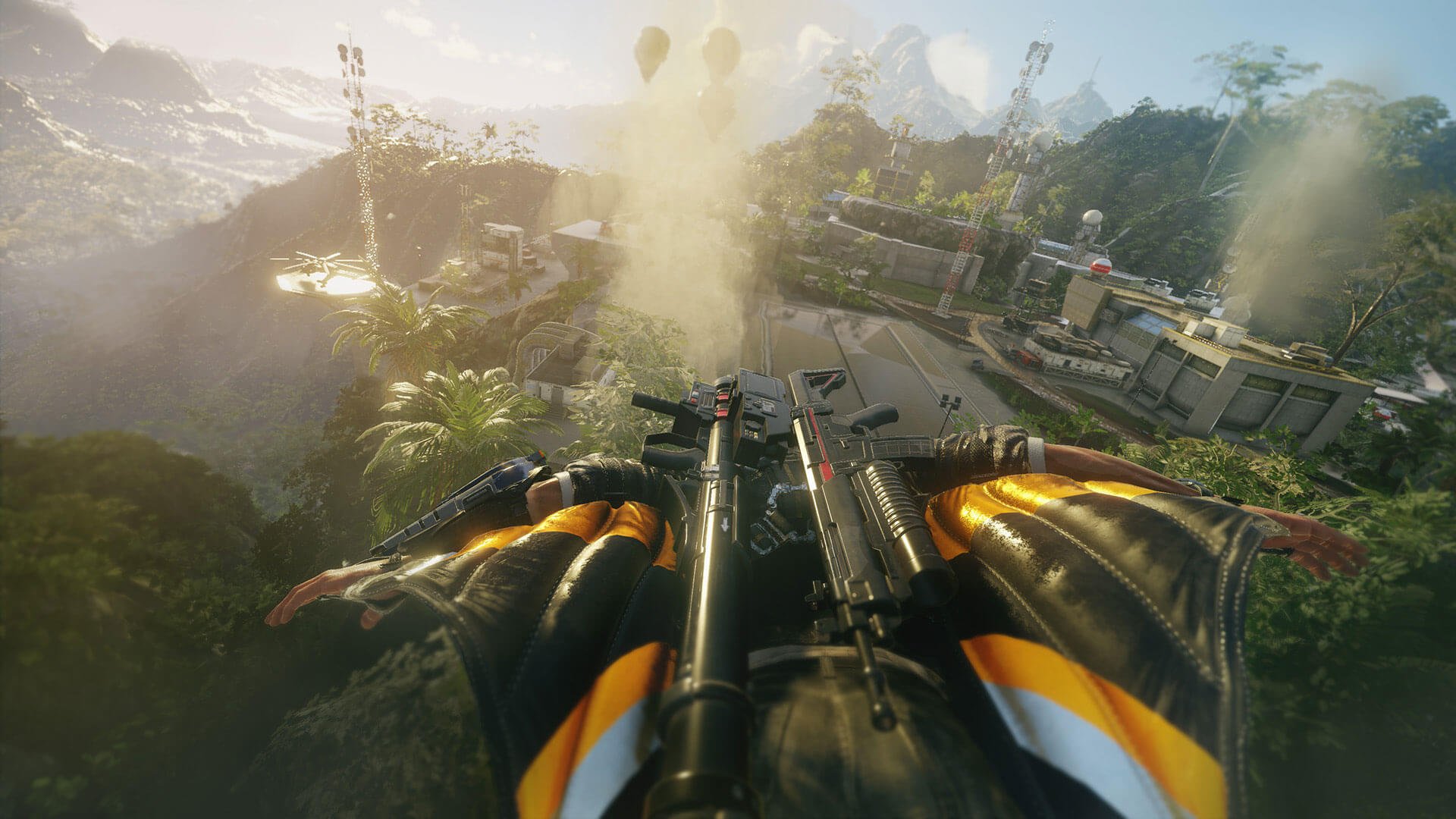 Rico flying towards a base in Just Cause 4