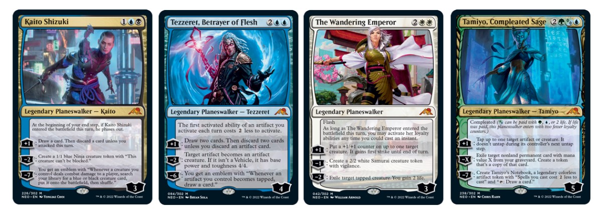 Four Planeswalkers shown from Kamigawa Neon Dynasty