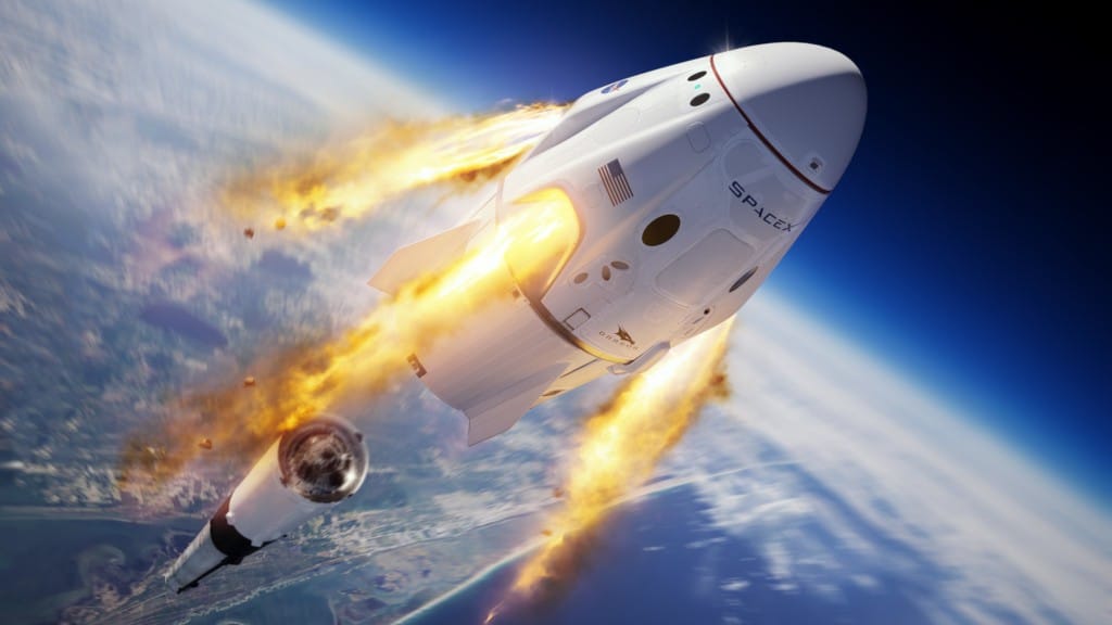 A SpaceX rocket rendered in Kerbal Space Program