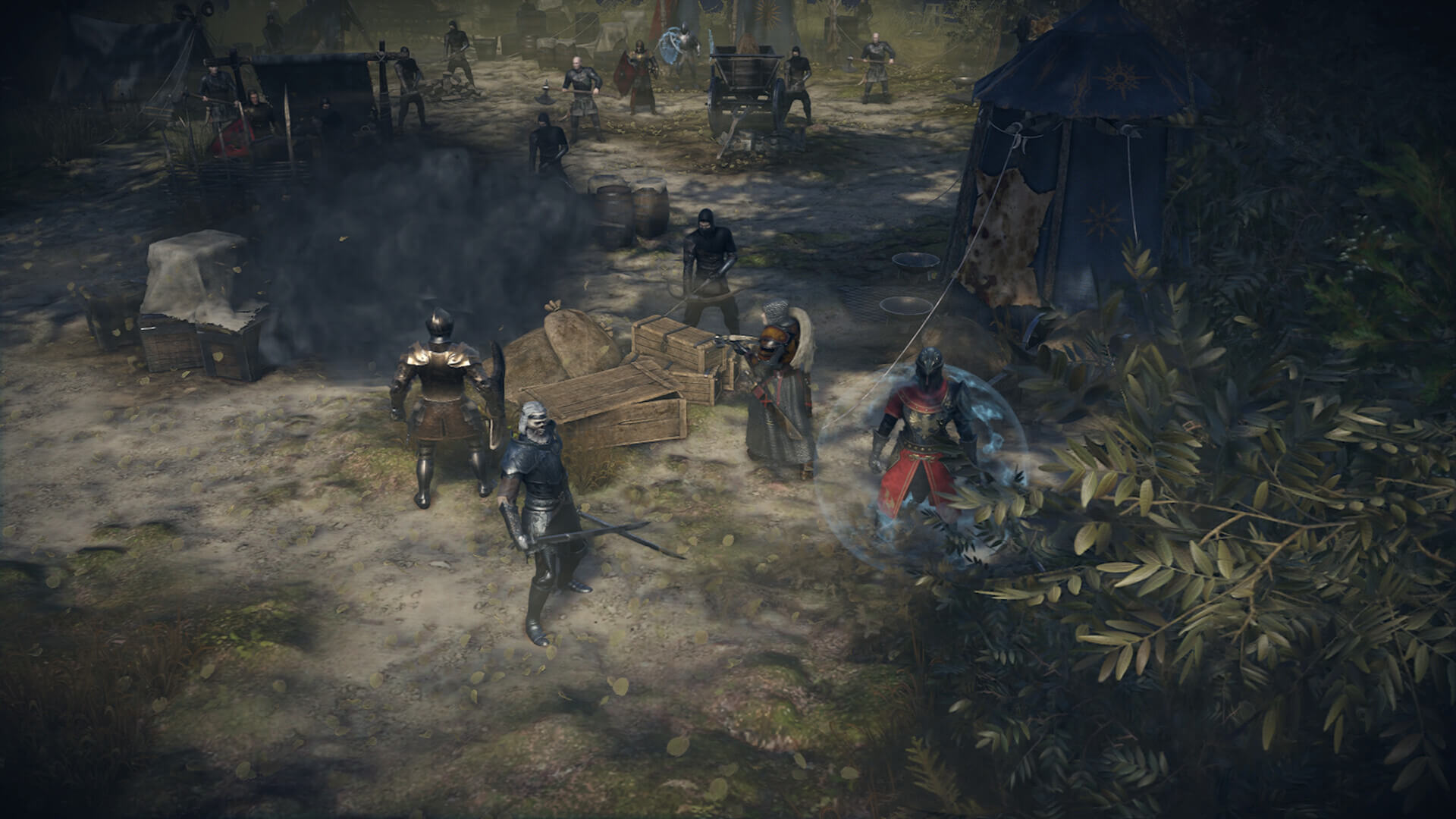 King Arthur: Knight's Tale ekran görüntüsü, saldırıya uğramak üzere olan bir düşman kampını gösteriyor.
