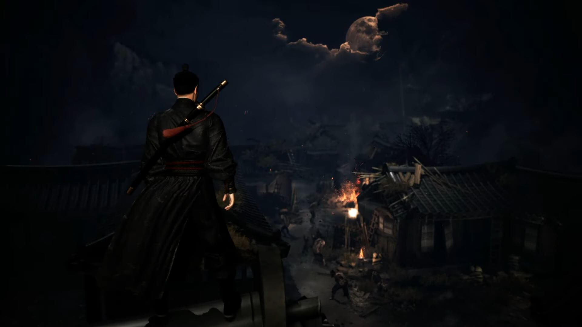 A swordsman looking out over a village in Kingdom: The Blood