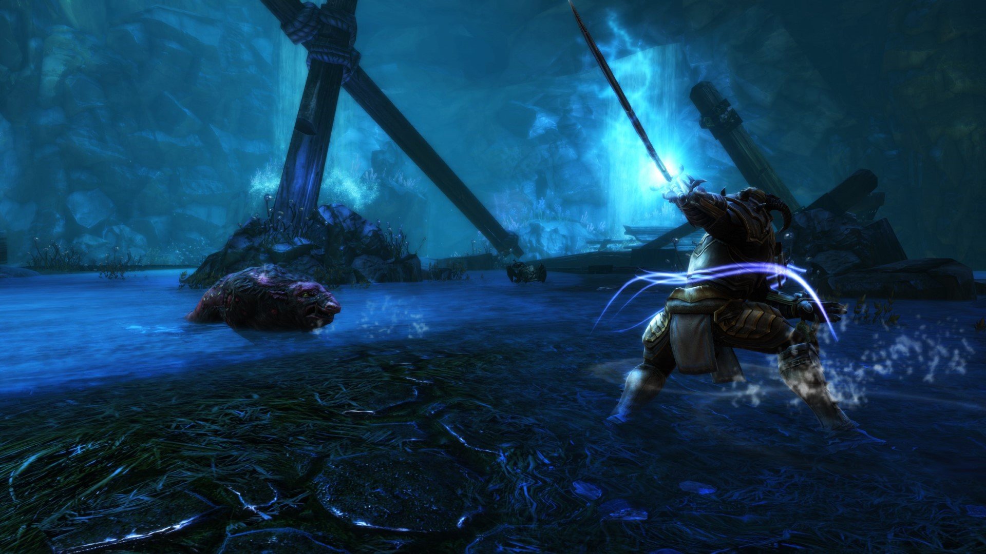 An archer fighting a giant rat in a large cavern