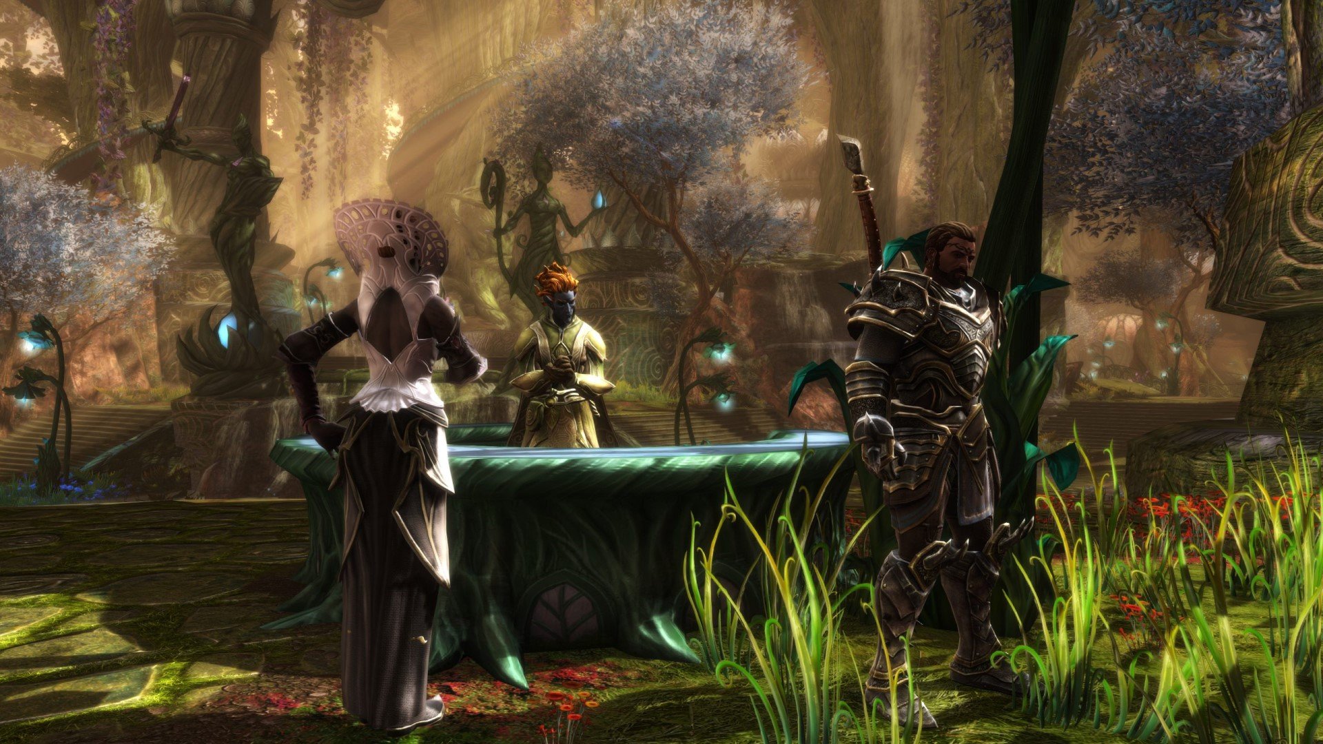An elf, warrior, and mage standing around a table in a magical forest
