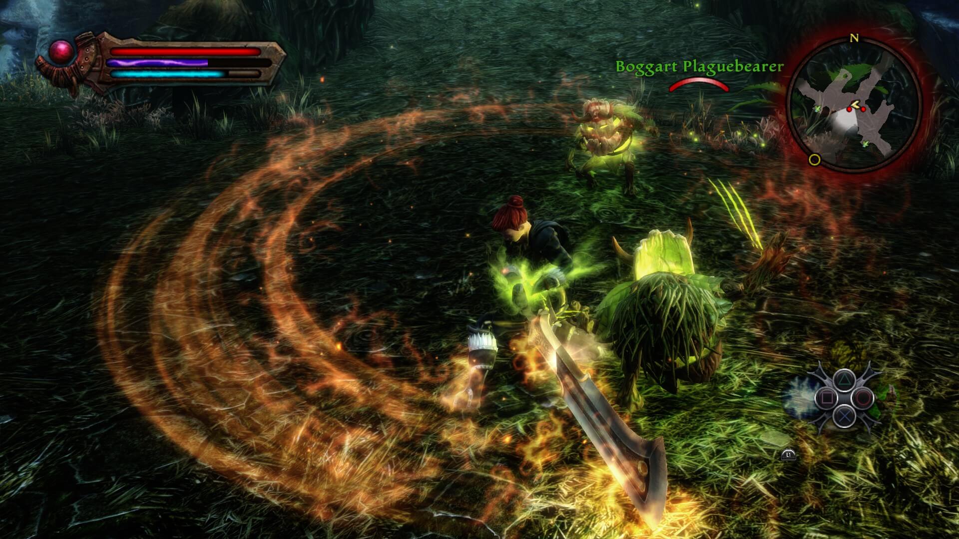 The player fighting through creatures with a flaming greatsword