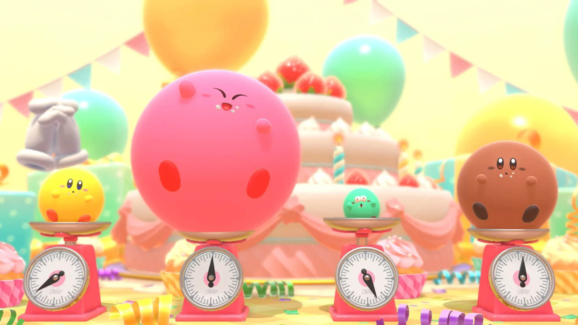Kirby on a scale, weighing in after inhaling all the snacks in Kirby's Dream Buffet, 