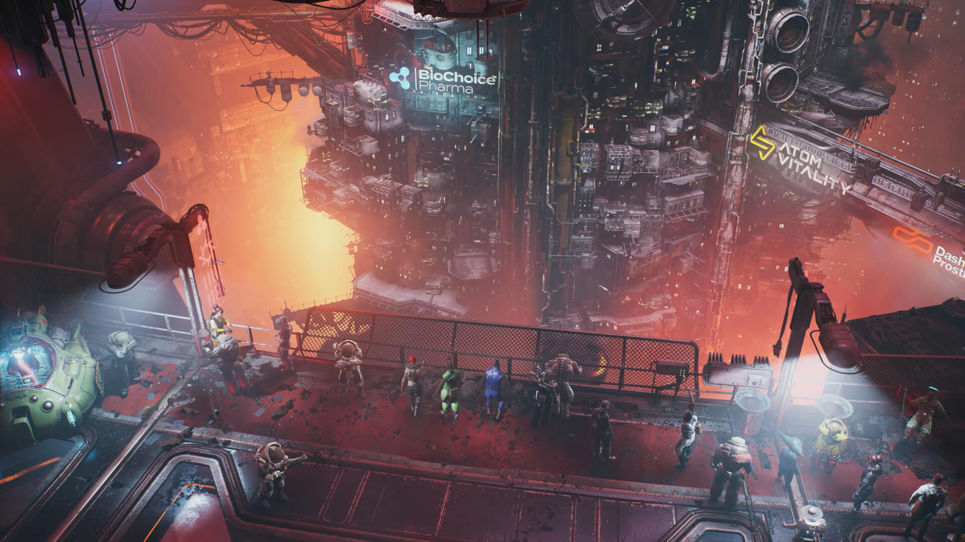 A group of characters stand in front of a massive, imposing cyberpunk building in Neon Giant's The Ascent