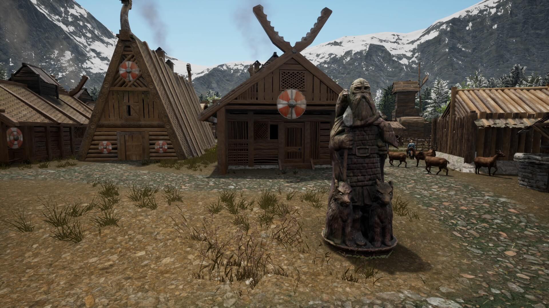 Land of the Vikings screenshot showing a viking village, animals, and a cool statue.