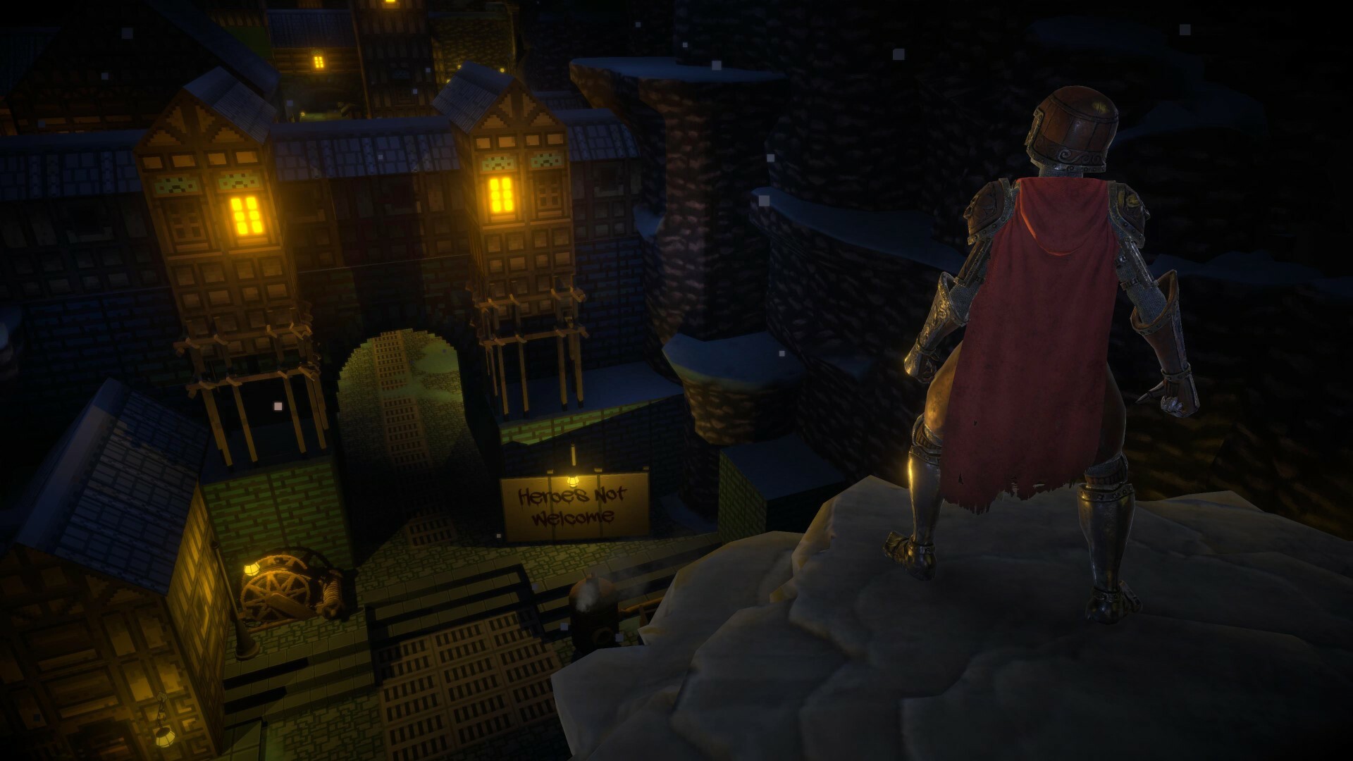 The Last Hero of Nostalgaia screenshot showing the player looking down at a castle with a sign saying "Heroes Not Welcome".