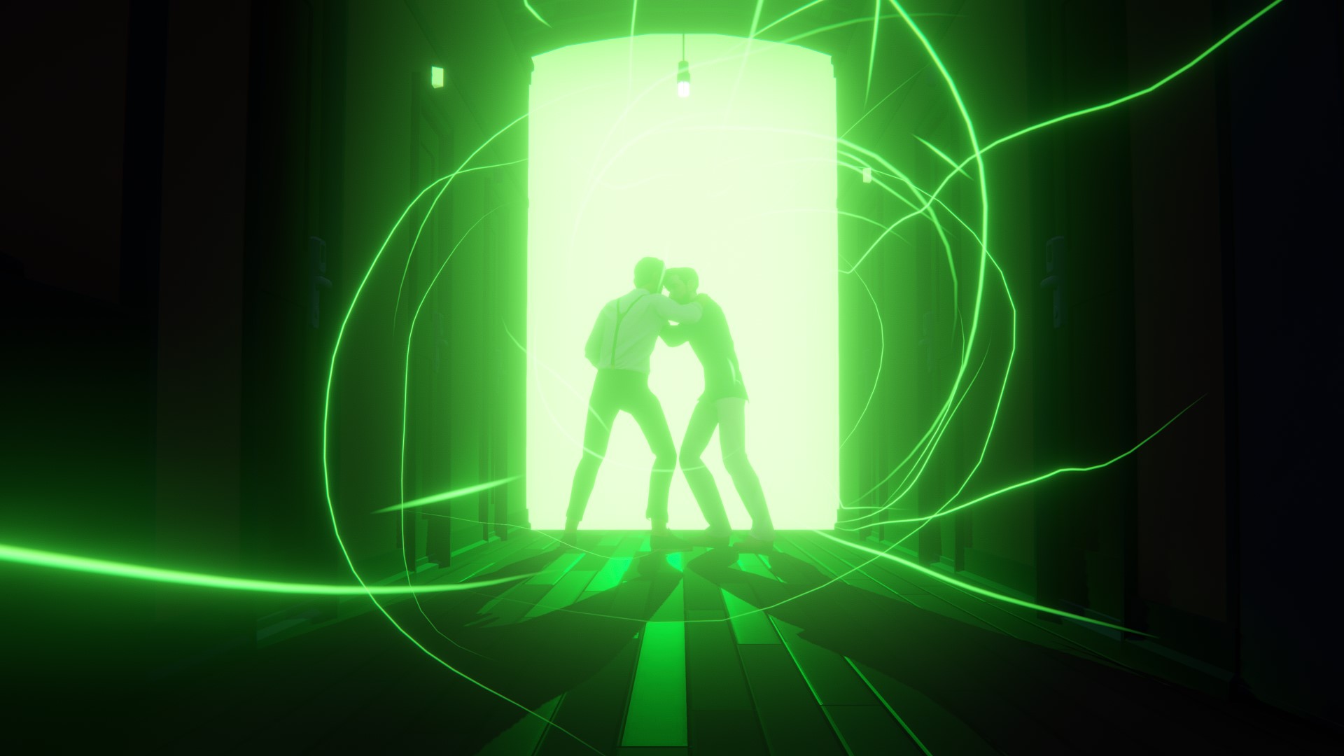 A glowing green doorway with two characters in silouhette