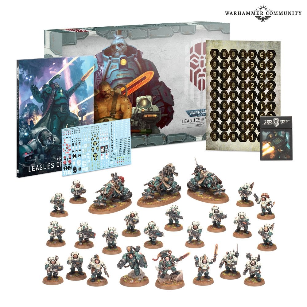 The full box contents for Warhammer 40K Leagues of Votann, including miniatures and the rulebook