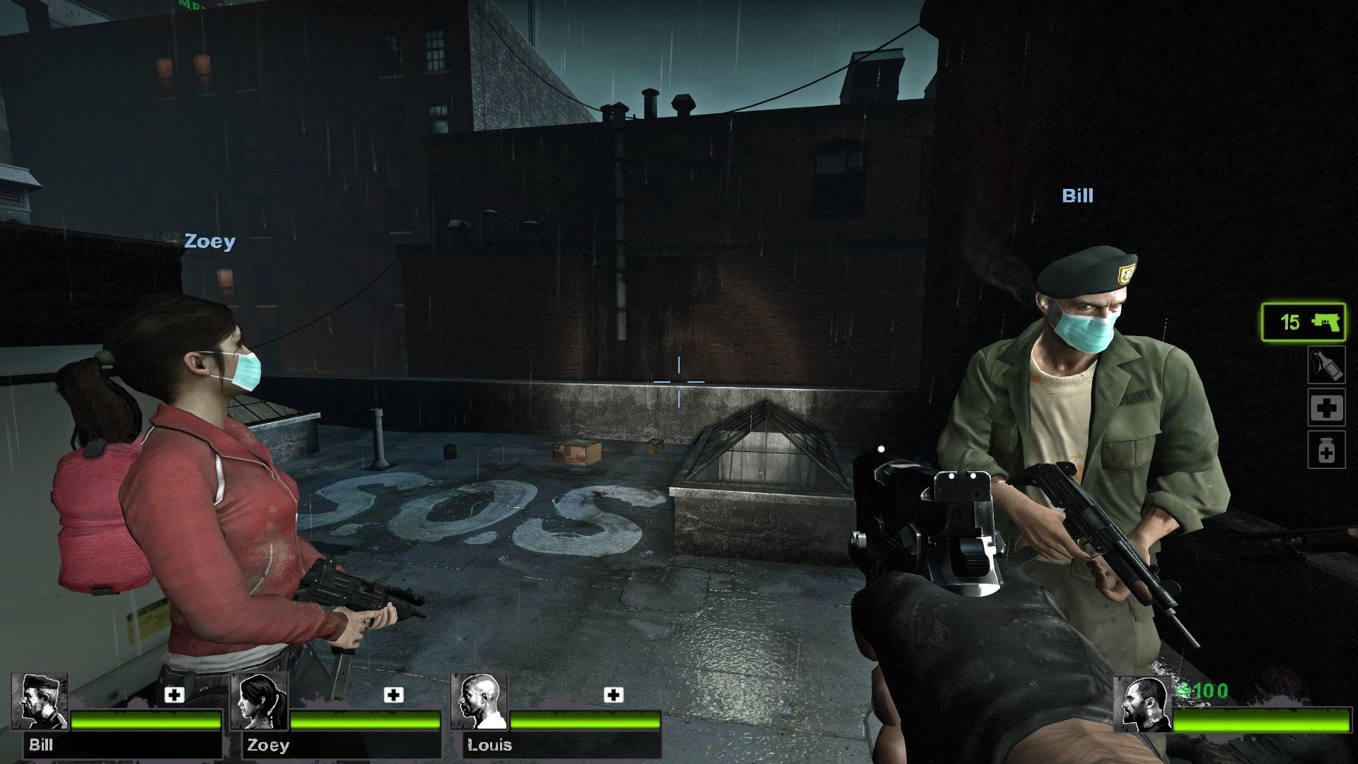 Two survivors on a rooftop, facemasks on, an SOS painted on the floor