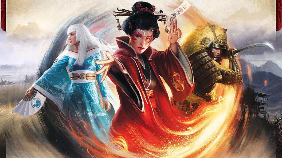 Artwork of several clan members from Legend of the Five Rings