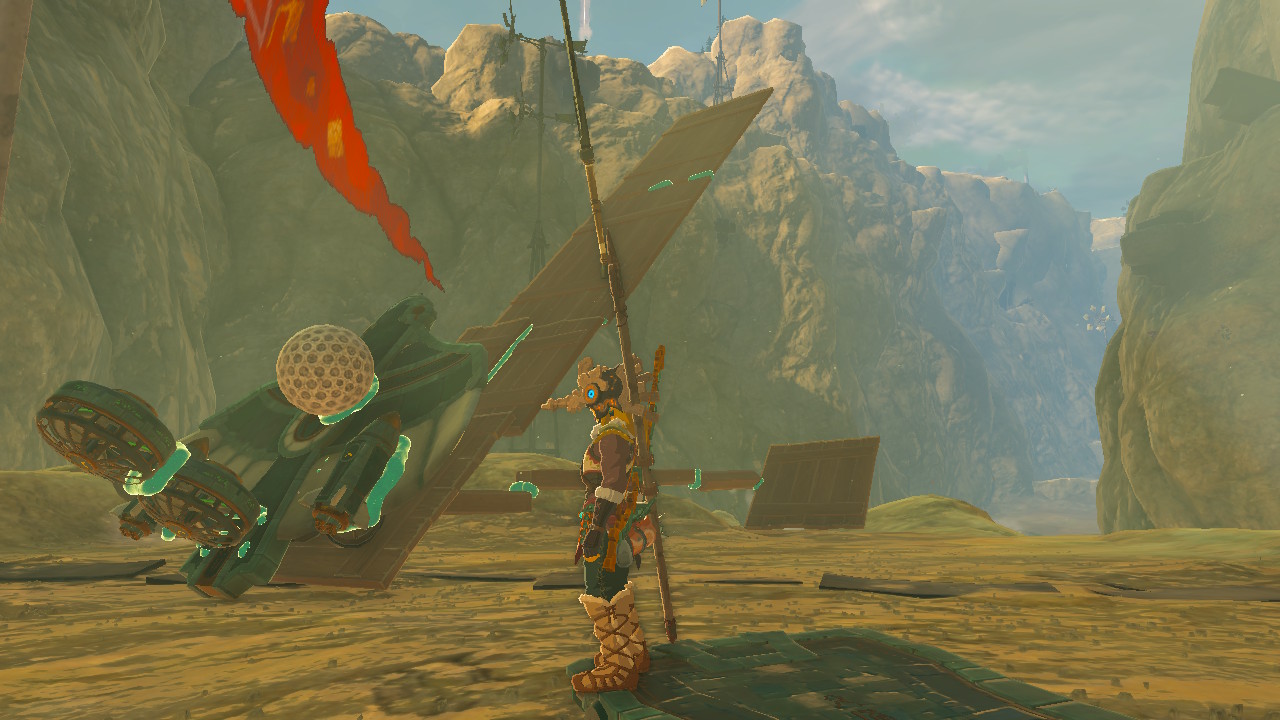 A rocket plane ready for liftoff with Link in front of it in Tears of the Kingdom