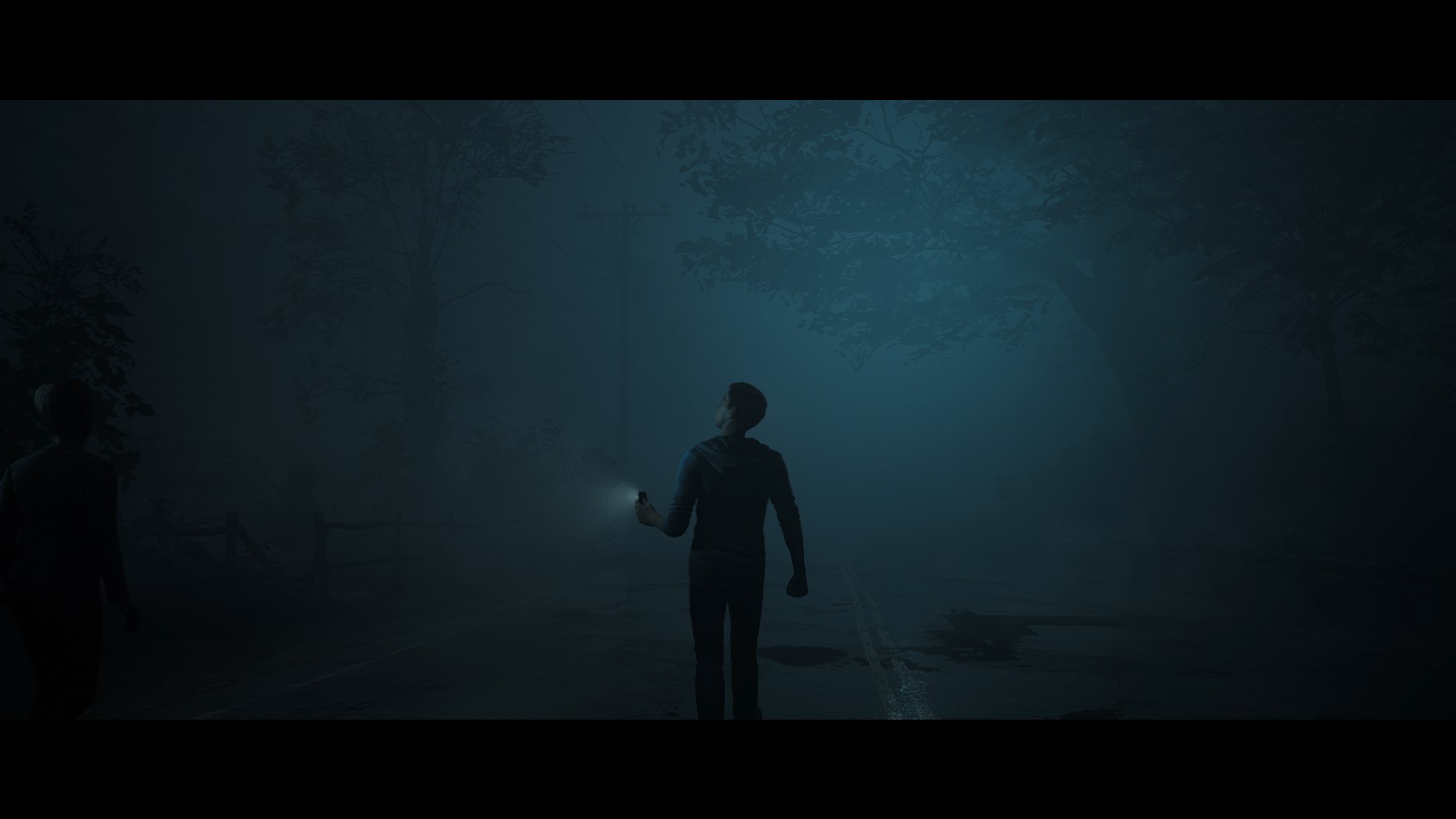 Andrew wandering through a foggy road with a flashlight