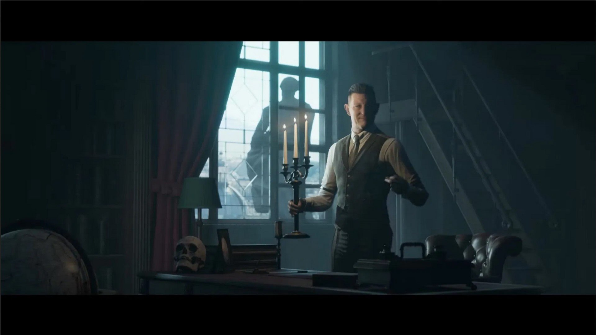 A posh, well-dressed older man lighting candles in his study