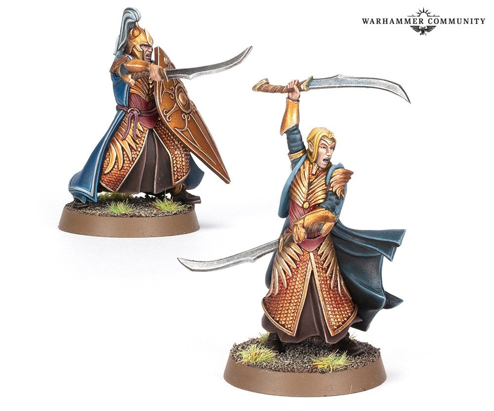 Two figures for the Lord of the Rings Middle-Earth Strategy Battle Game, Rumil and Orophin. These two warriors are elves dressed in golden armor, one carries a shield and sword, the other with two blades.
