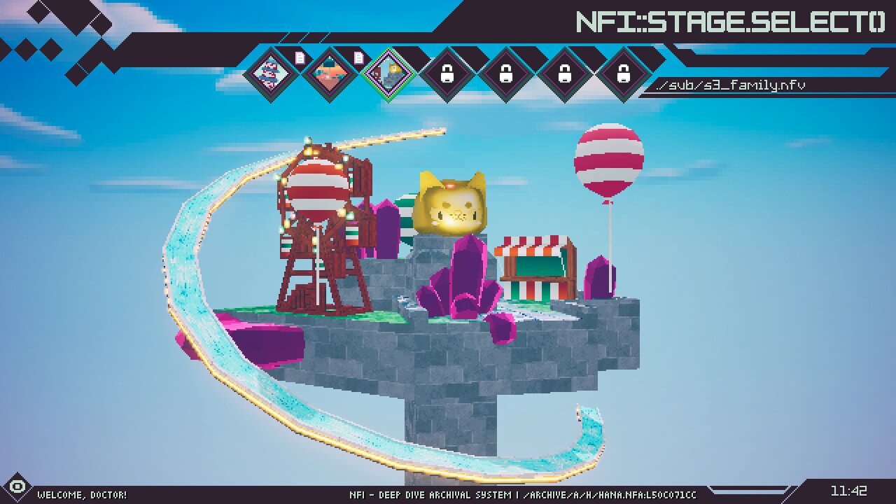 The level select screen of Lunistice, showcasing a theme park world with a giant golden blob for a mascot.