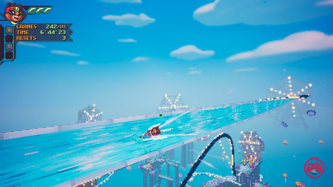 A gameplay screenshot of Lunistice, showcasing the protagonist Hana speeding through a twisting water stream.
