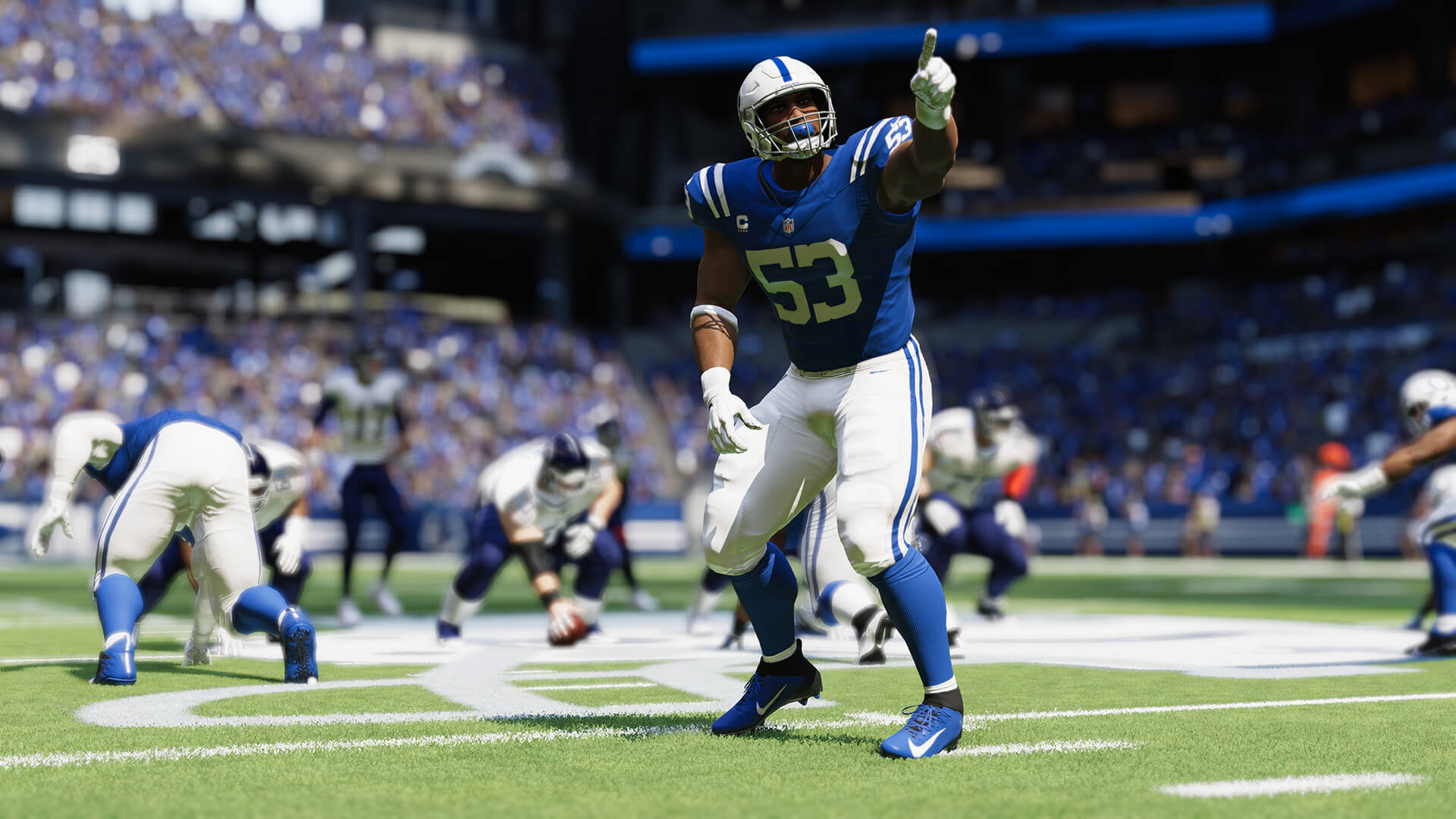 An NFL player pointing off-camera in Madden NFL 23, which, according to the NPD August 2022 results, has done very well indeed