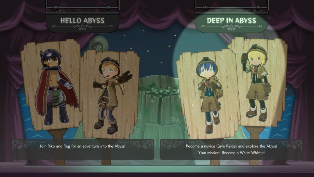 A story select screen from Made In Abyss Binary Star Falling Into Darkness