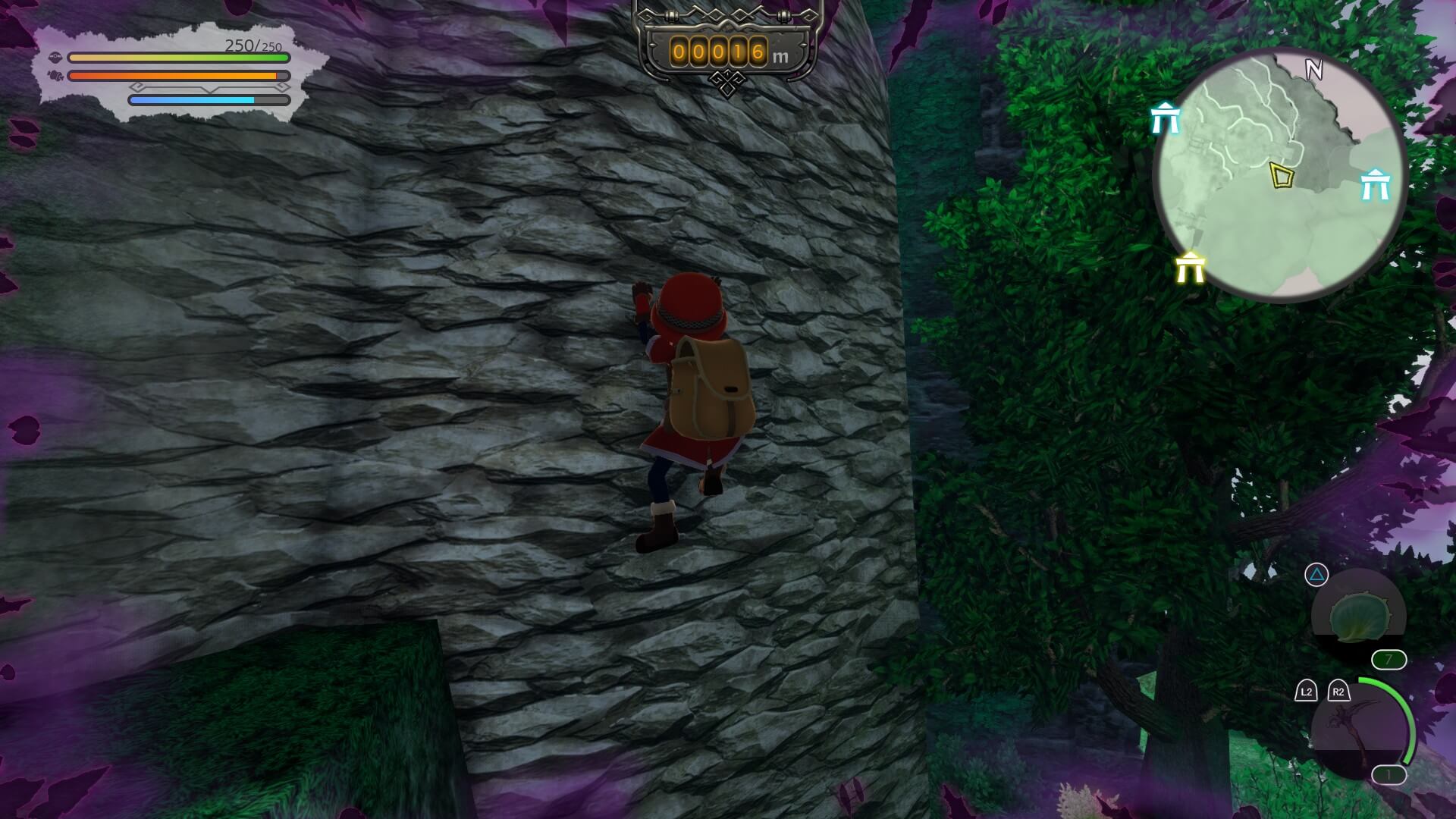 Screenshot showing the protagonist climbing a cliff in Made in Abyss Binary Star Falling into Darkness.