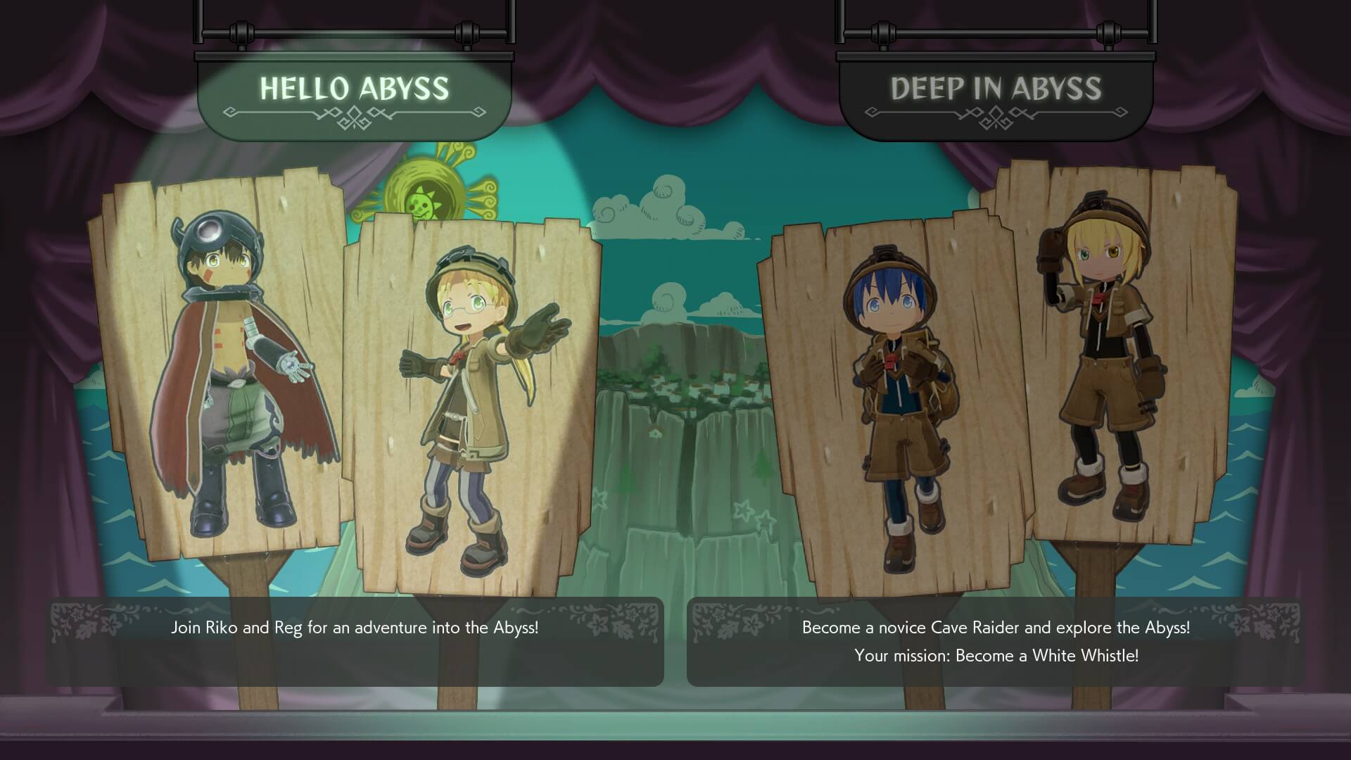 Screenshot showing the mode selection screen in Made in Abyss Binary Star Falling into Darkness