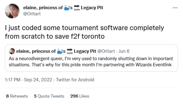 A tweet from magic judge Elaine Cao about saving the tournament with some coding