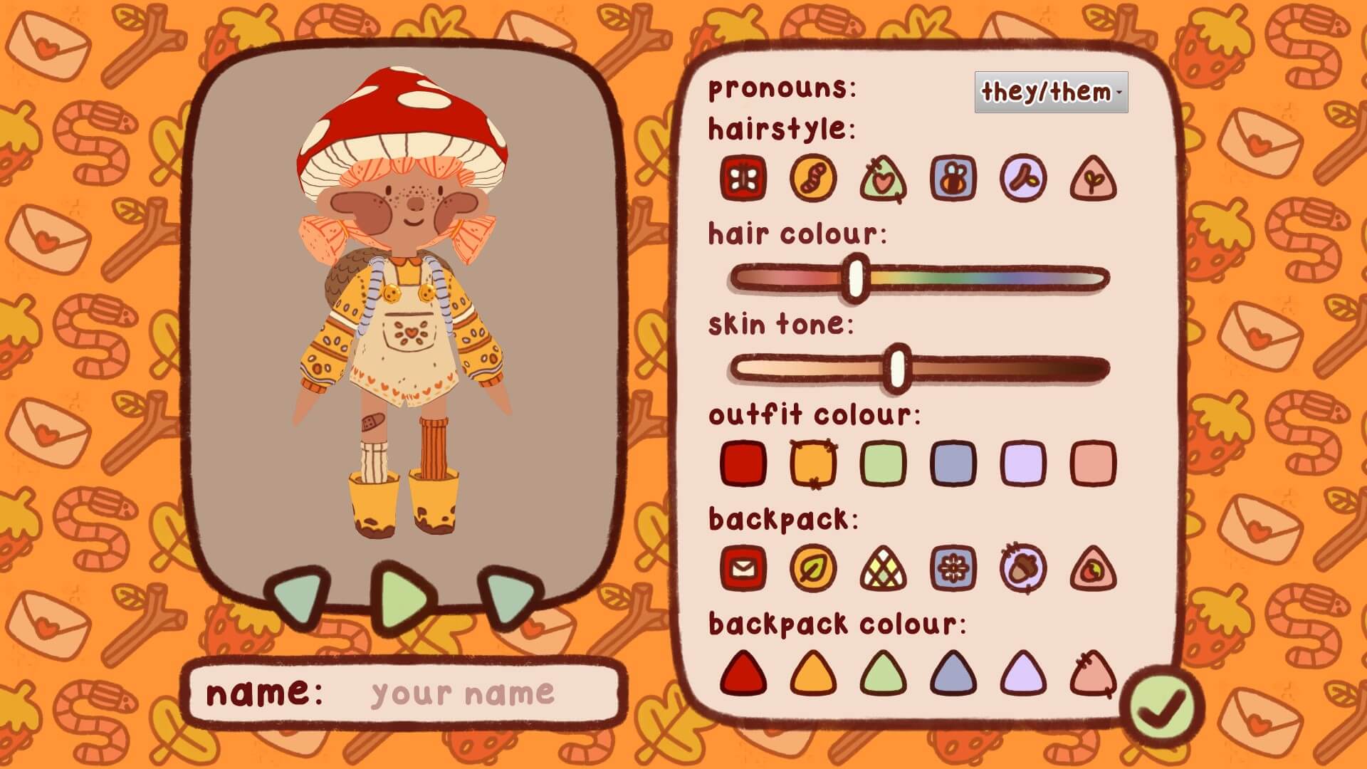 The Mail Time character creator screen. The character is listed to the left, with various hair and color selectors to the right.