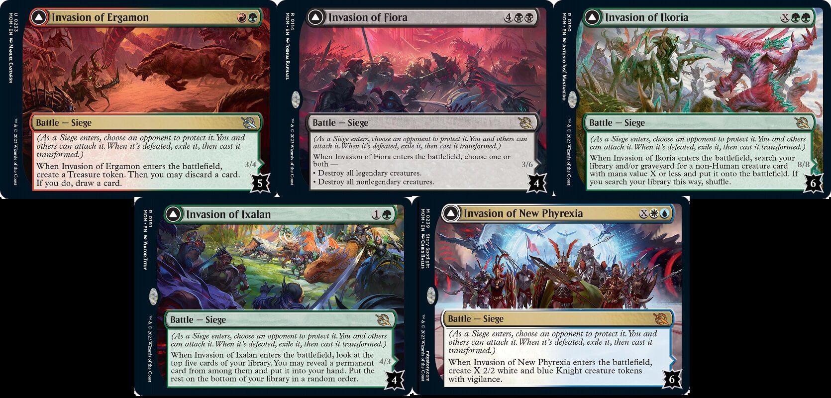 A picture showing 5 battle cards from March of the Machine for Invasion of Egamon, Invasion of Fiora, Invasion of Ikoria, Invasion of Ixalan, and Invasion of New Phyrexia