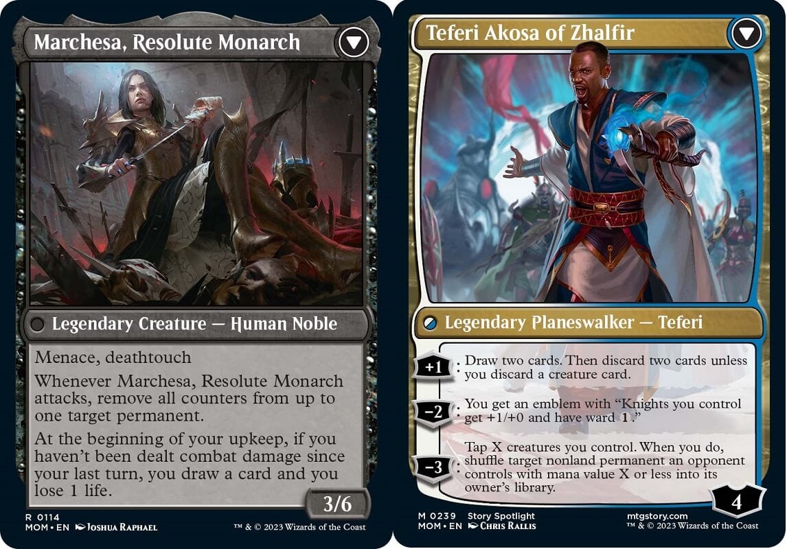 Marchesa Resolute Monarch, and Teferi Akosa of Zhalir cards from March of the Machine