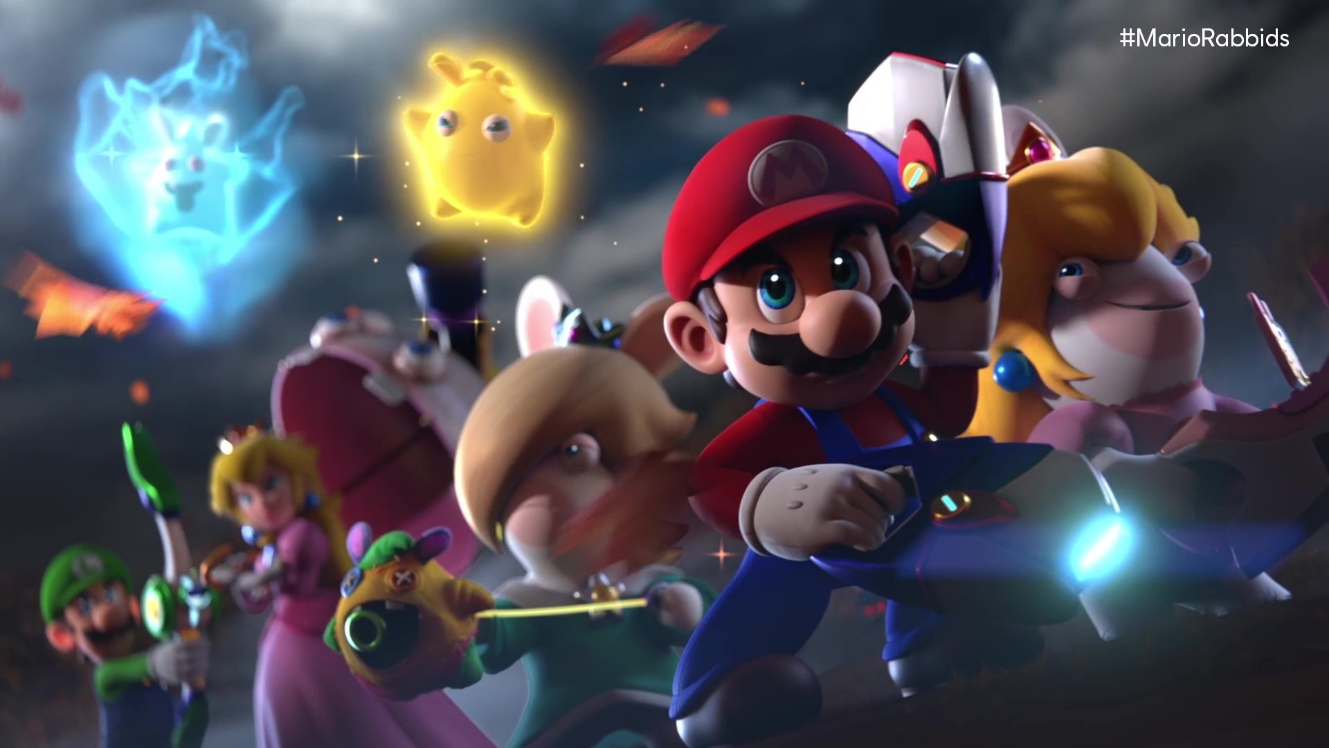 Mario and the crew holding blasters