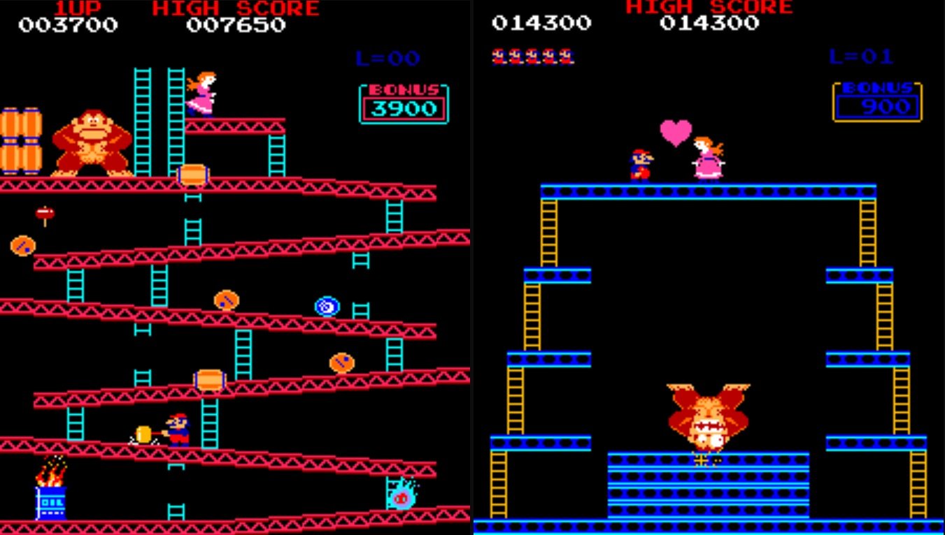 Image of 2 Screens From The Original Donkey Kong With Mario and Peach