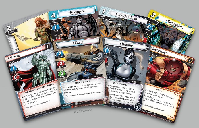 A display of cards featuring Marvel characters Stryfe, Cable, Domino, and Juggernaut from Marvel Champions Next Evolution