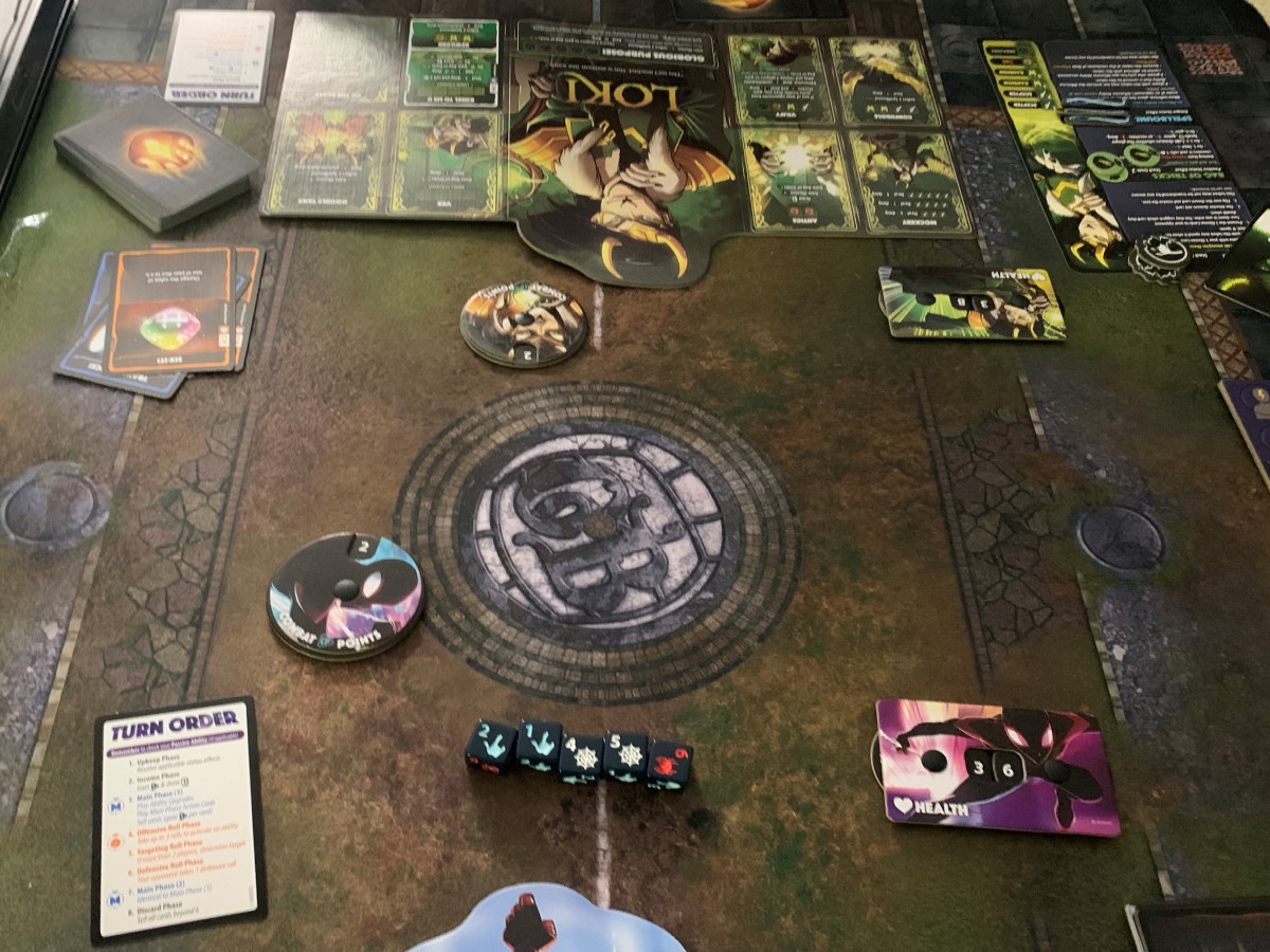 A screenshot of a Marvel Dice Throne match between Miles and Loki