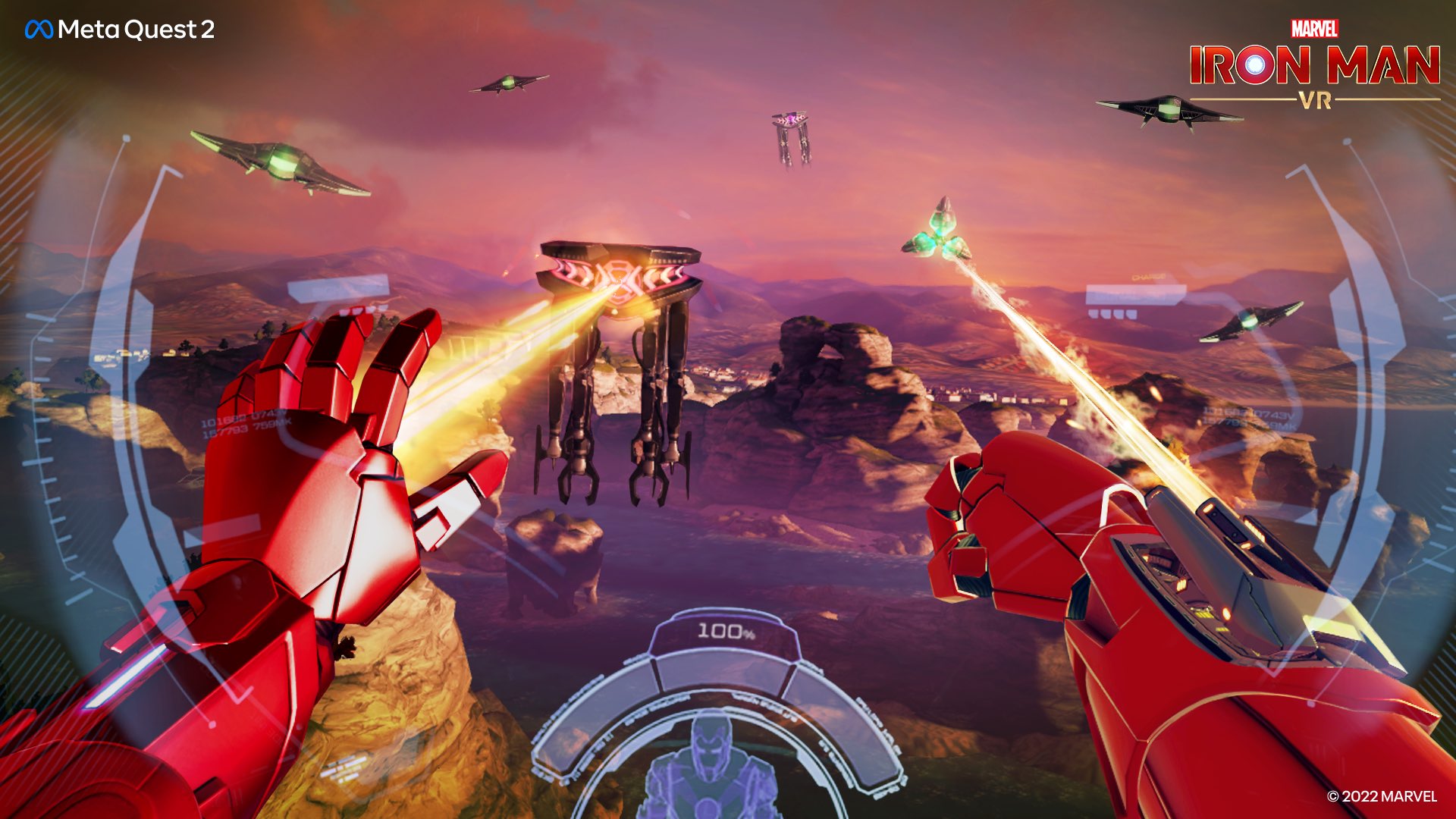 Marvel Iron Man VR Meta Quest 2 screenshot featuring drones attacking